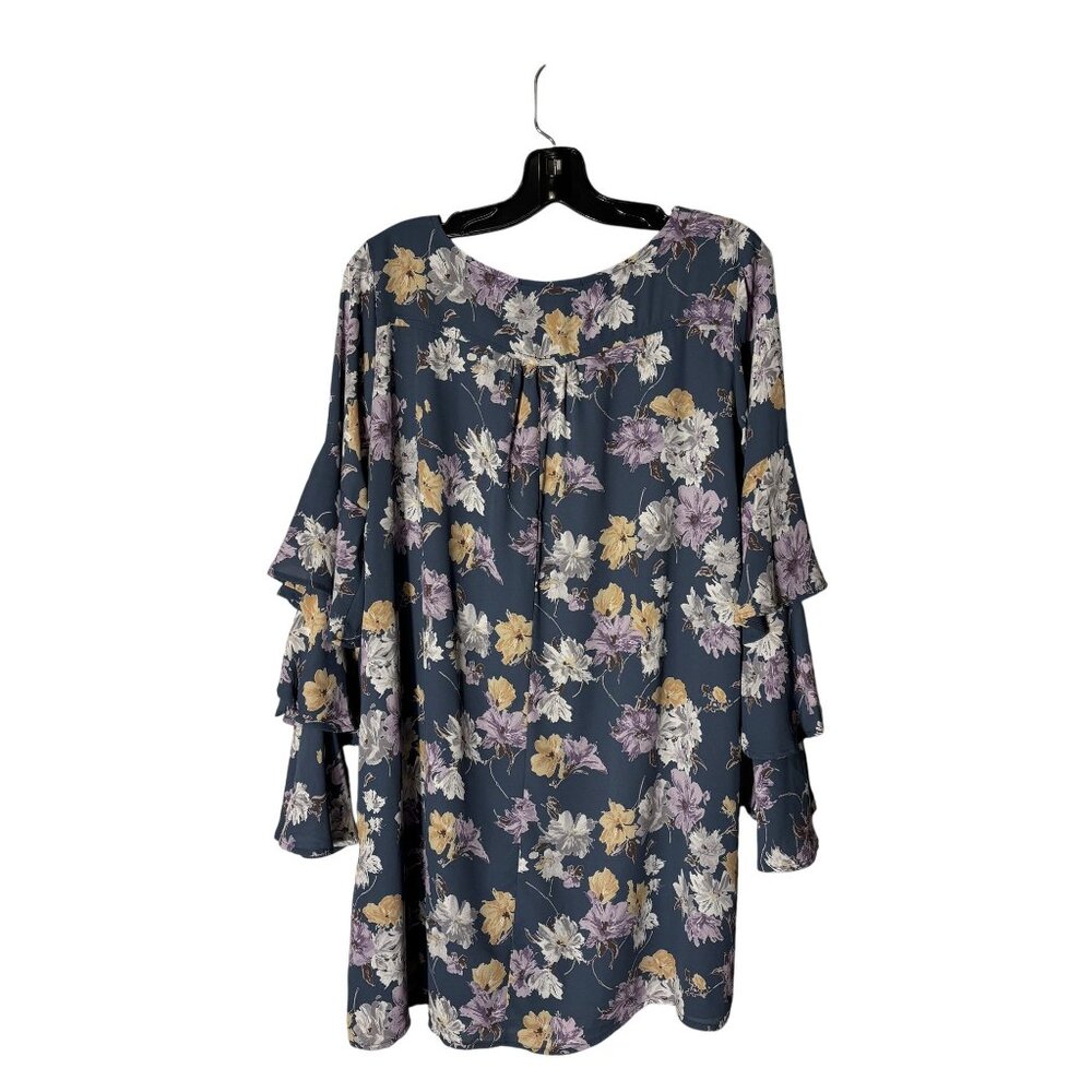 Floral Bell Sleeve Tunic Dress By Rokoko L - Teal Blue, Purple & Yellow - Picture 4 of 11